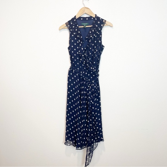 Ralph Lauren Navy Polka Dot True Wrap Silk Midi Dress - Picture 3 of 10